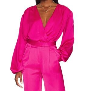 Lovers and Friends Hot Pink Megan Crepe Satin Surplice Blouson Sleeves Bodysuit